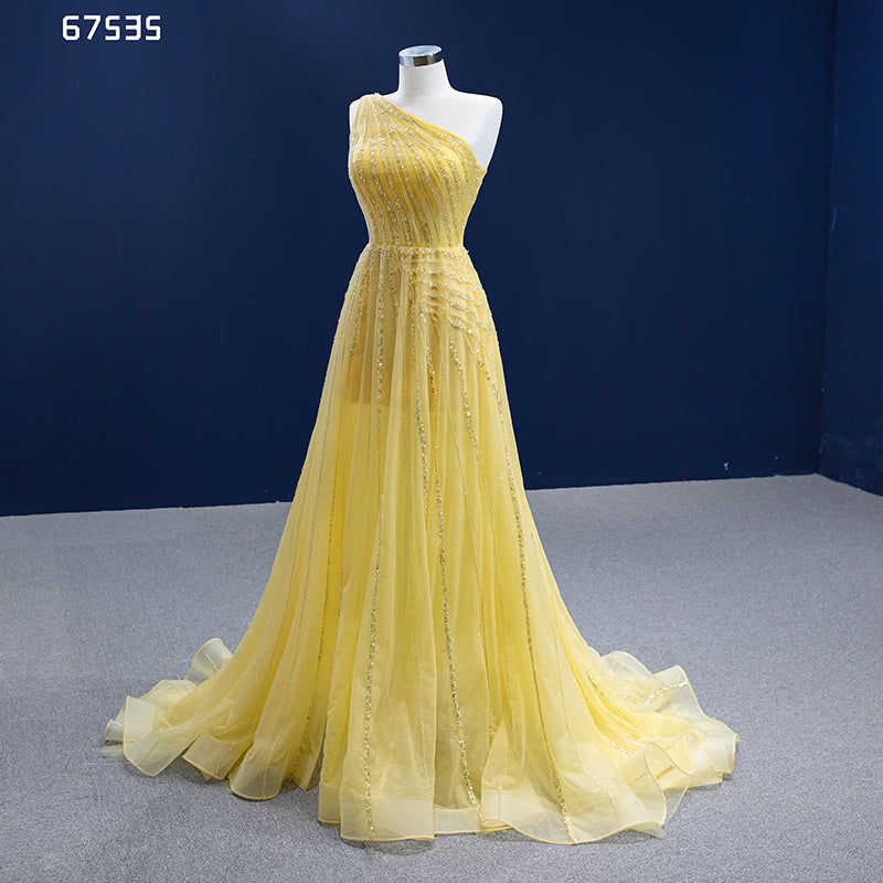 2022 Sexy Latest Design One Shoulder Sequin Yellow Lace Tulle Prom Evening Dress