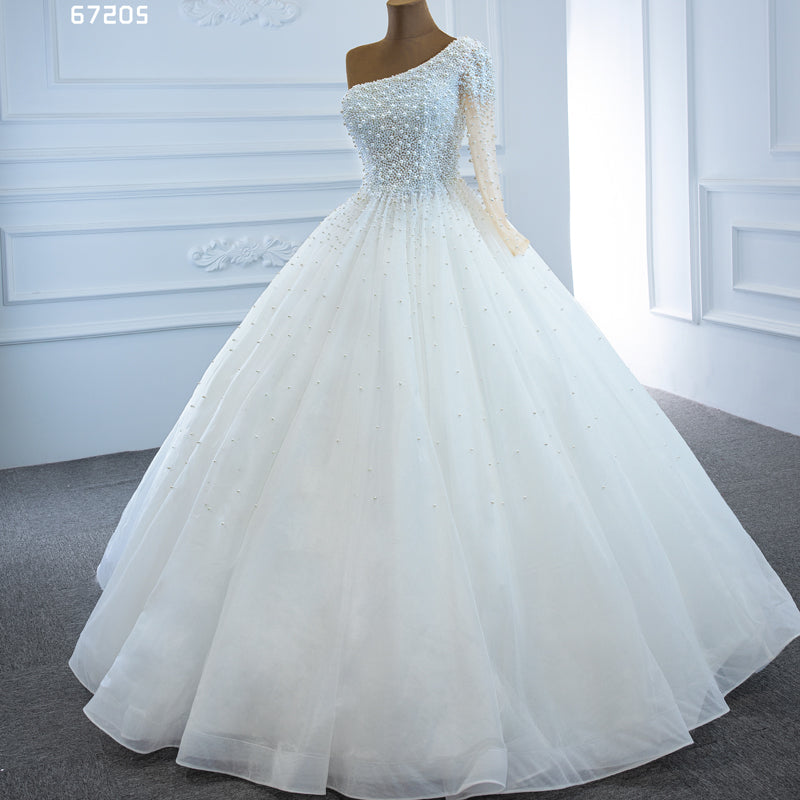 Full Pearl One Shoulder Modest Design Ball Gown Wedding Dress