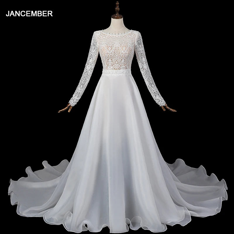 Elegant Lace Long Sleeves Wedding Dress Fluffy V Back Tulle Skirt Bridal Gowns - Image 2