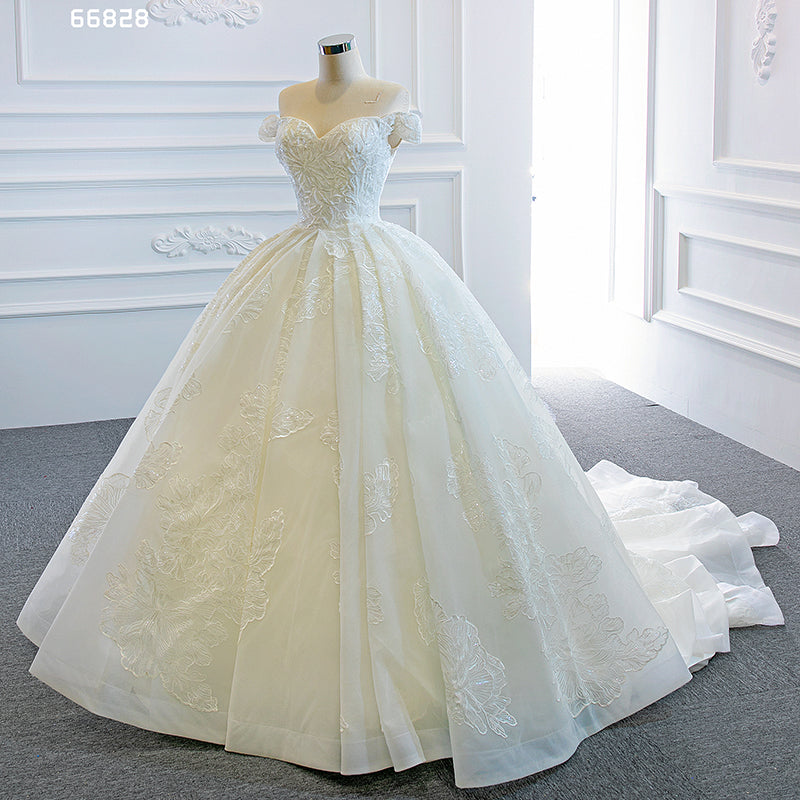 New fashion lady luxurious lace off shoulder long tail wedding dress