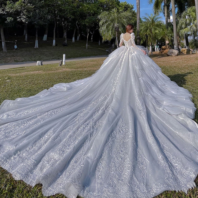 Beautiful French Long Sleeve Lace Bridal Trailing Wedding Dress - Image 6