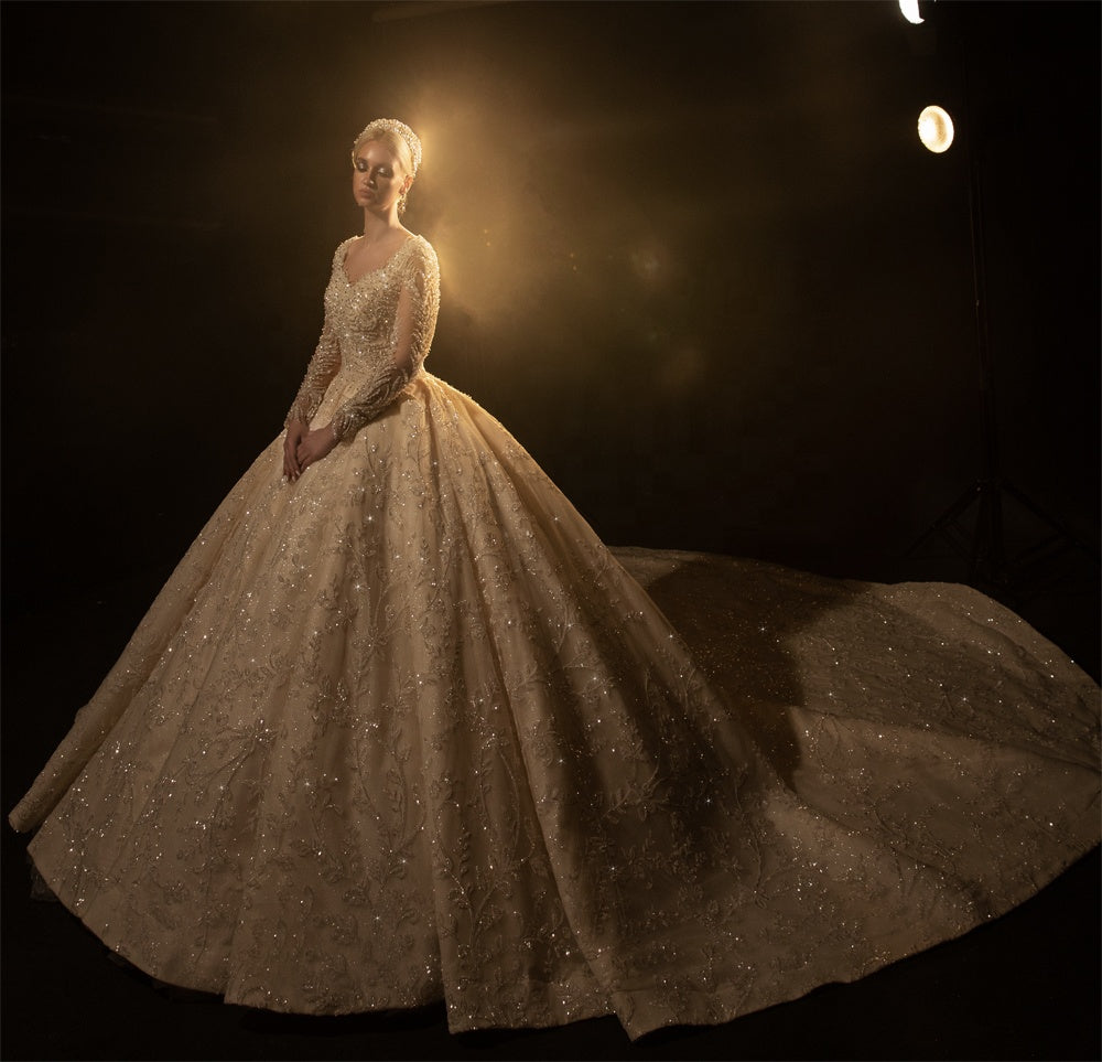 2022 Ladies Wedding Dresses Luxury Long Sleeve Lace Embroidered Beach Ball Gowns
