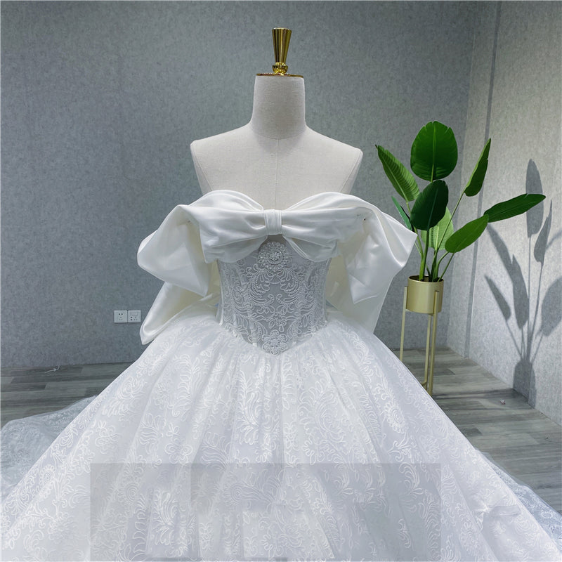 2022 New OFF-Shoulder Satin Bridal Custom Skirt Super Fairy Luxury Long Tail Wedding Dress - Image 7
