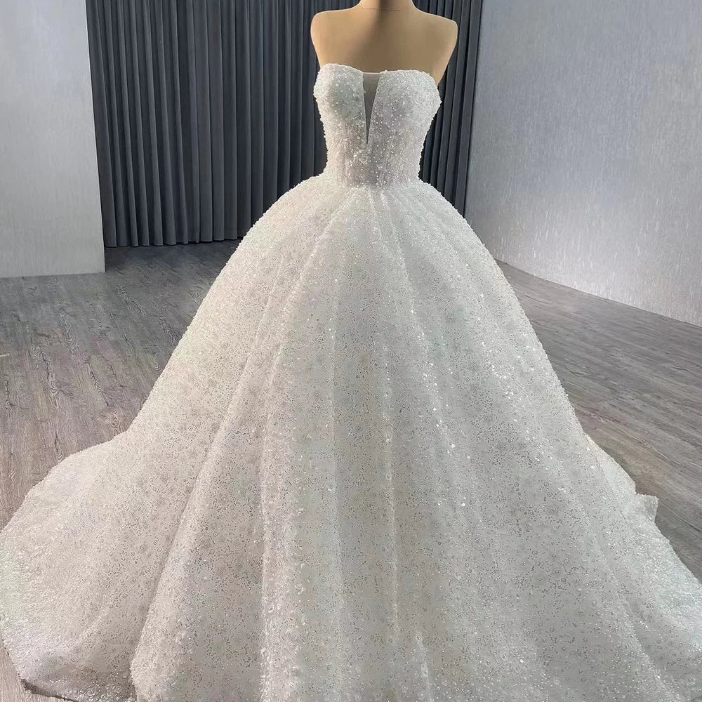 Elegant Long Ball Gown Sweetheart Sleeveless Sequined Tulle Lace Wedding Dresses - Image 4