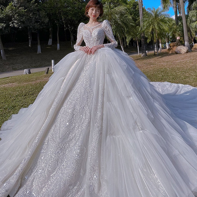 Beautiful French Long Sleeve Lace Bridal Trailing Wedding Dress - Image 5