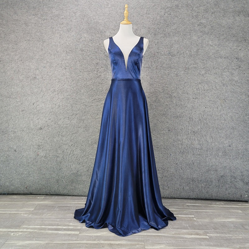 Double Shoulder Deep V Neck Sexy Gorgeous Dress Satin Navy Women'S Dress - Image 3
