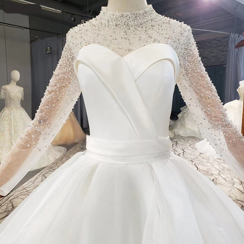 High Neck Long Sleeve Luxury Beading Crystal Wedding Dress - Image 6