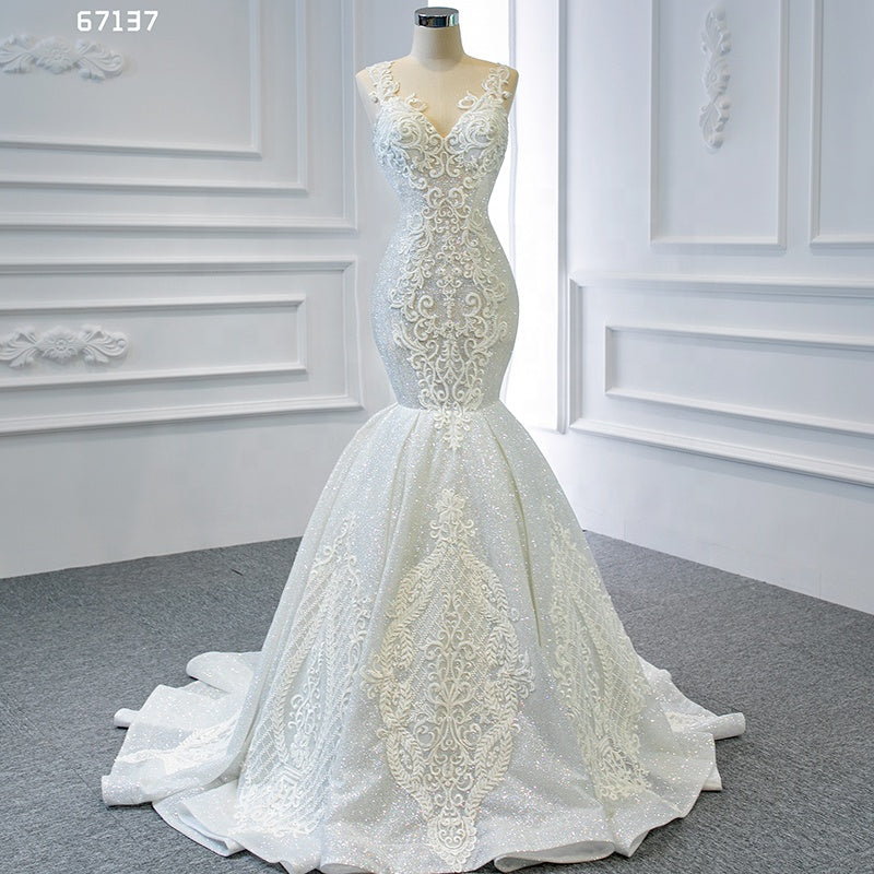 Mermaid Lace Applique Ivory Wedding Dress Bridal Dresses - Image 3