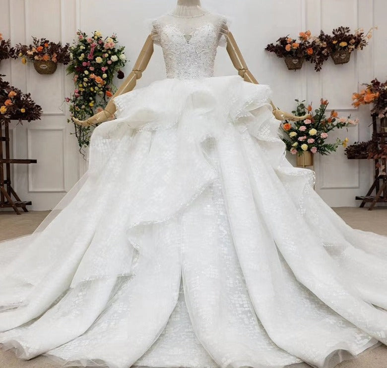 High Neck Lace Applique Cathedral Train Wedding Gown Dress - Image 3