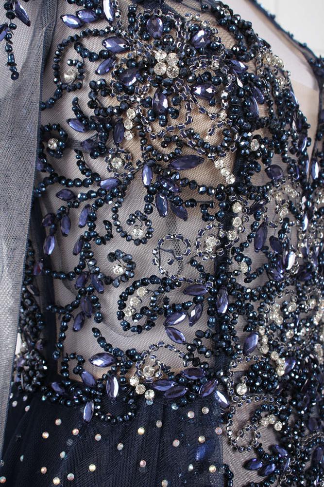 Full Sleeve V-Neck Brush Train Party Dress Illusion Beading A-Line Crystal Evening Dress - Image 5
