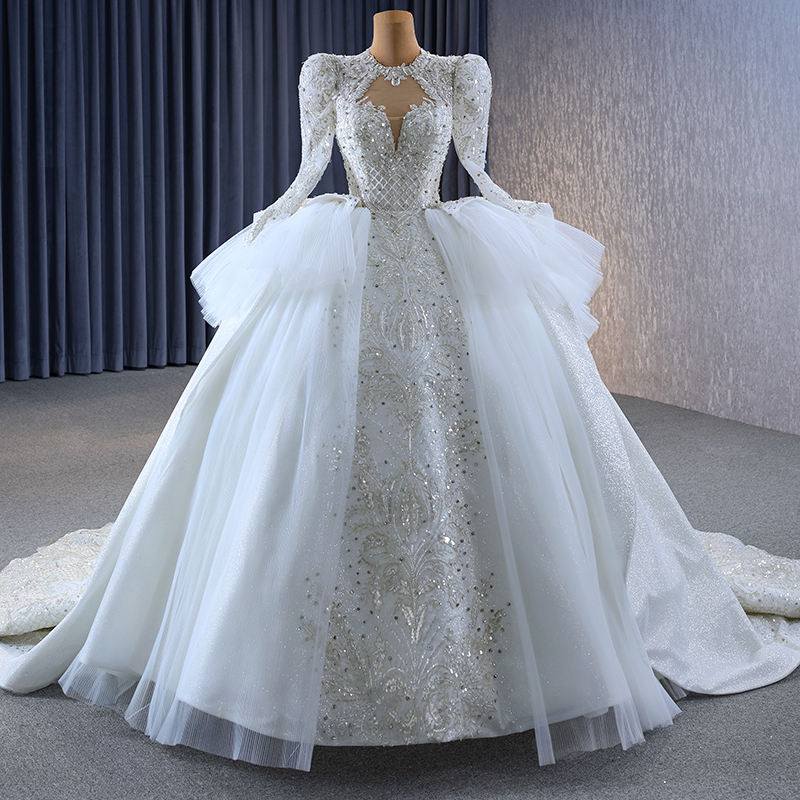 Illusion Luxury Heavy Beaded Glitter Ball Gown Wedding Dress With Train
