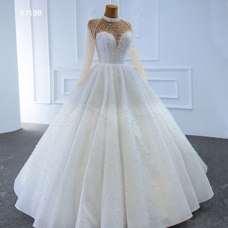 Modest Long Sleeve Elegant Luxury Full Pearl Wedding Dress