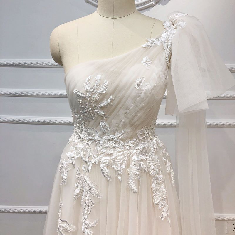 One Shoulder Backless Floor Length Floral Print Wedding Dresses - Image 6