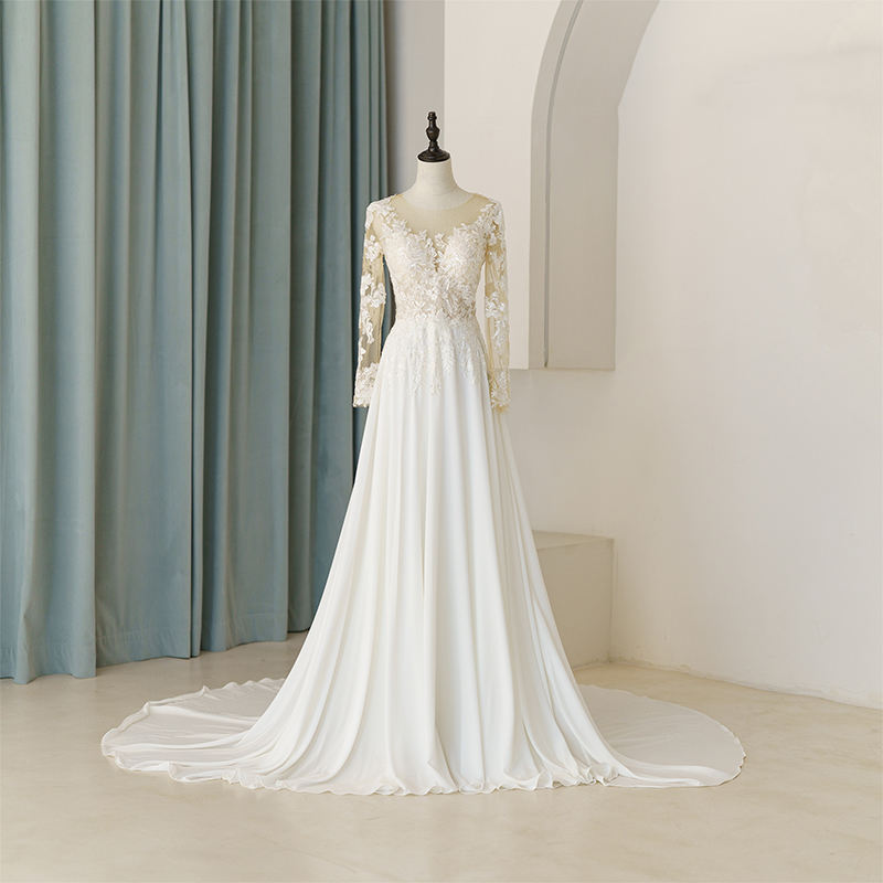 O-neck Button Floral Print Flowers Wedding Gown