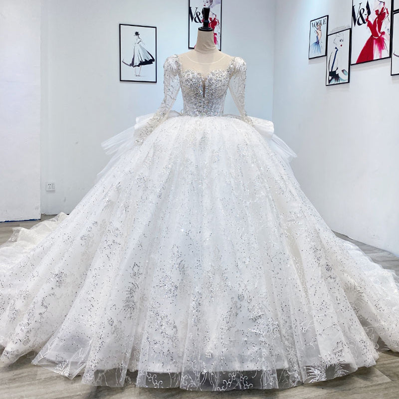Custom French Long-Sleeved New Bride High-Quality Texture Large Trailing Retro Puff Sleeve Wedding Dress