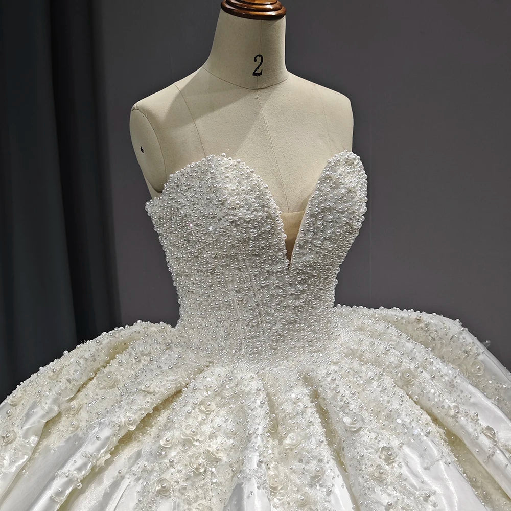 Dress Satin pearl Crystal Sweetheart Neck Women Ball Gown Lace Appliques Gowns - Image 6