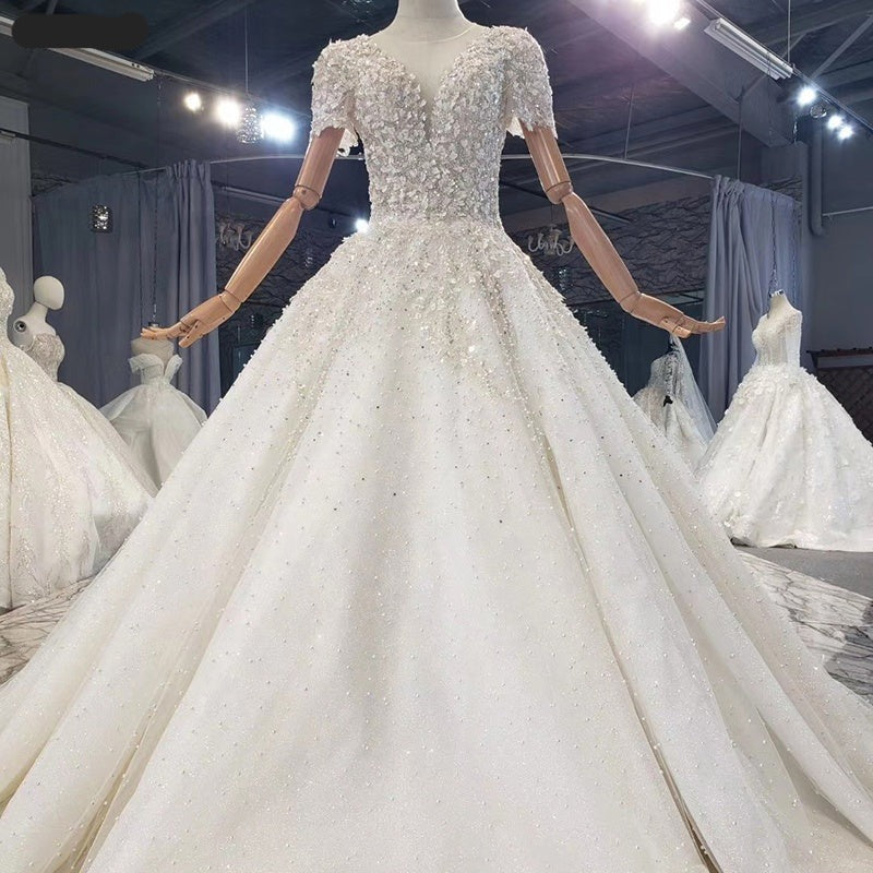 Short Sleeve Pearl Ladies Lace Woeman Wedding Dress
