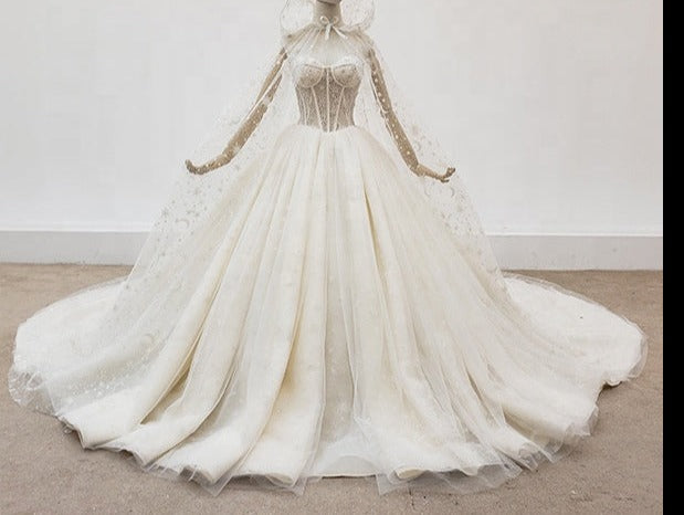 High Quality Embroidered Off Shoulder Princess With Hat Cape Wedding Dress - Image 3