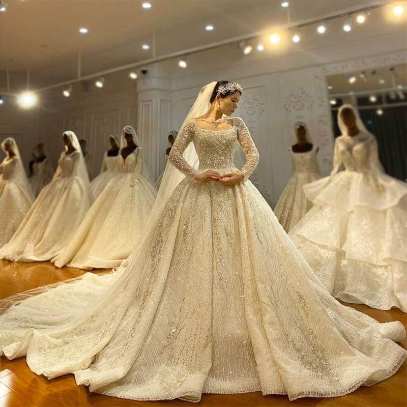 2022 New Fashion Shiny Long Sleeve Prom Dress Wedding Dress Backless Sequin Wedding Dress