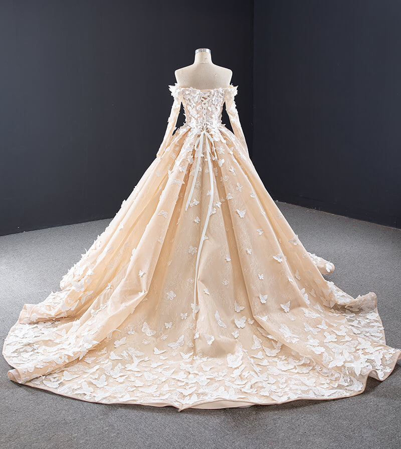 Wedding Dress Champagne Elegant 3d Flower Applique Off Shoulder Long Sleeves Wedding Gown - Image 5