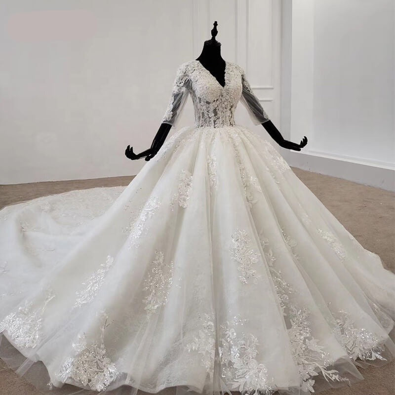 Elegant Illusive Half Sleeve Wedding Dress Ball Gown With Train