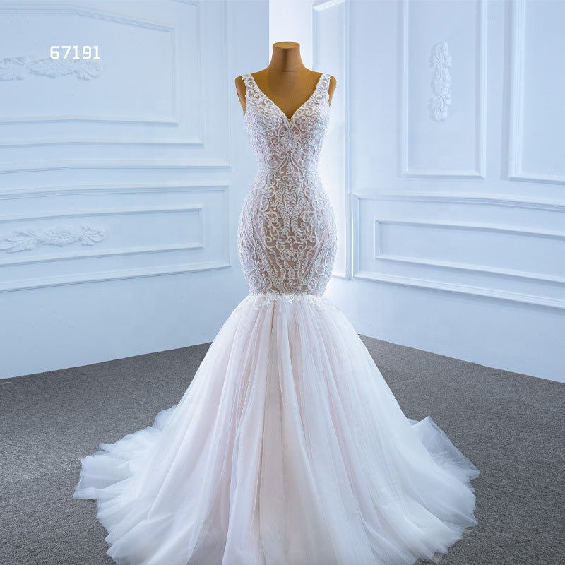 Deep V Neck Lace Applique Elegant Mermaid Women Wedding Dress - Image 3