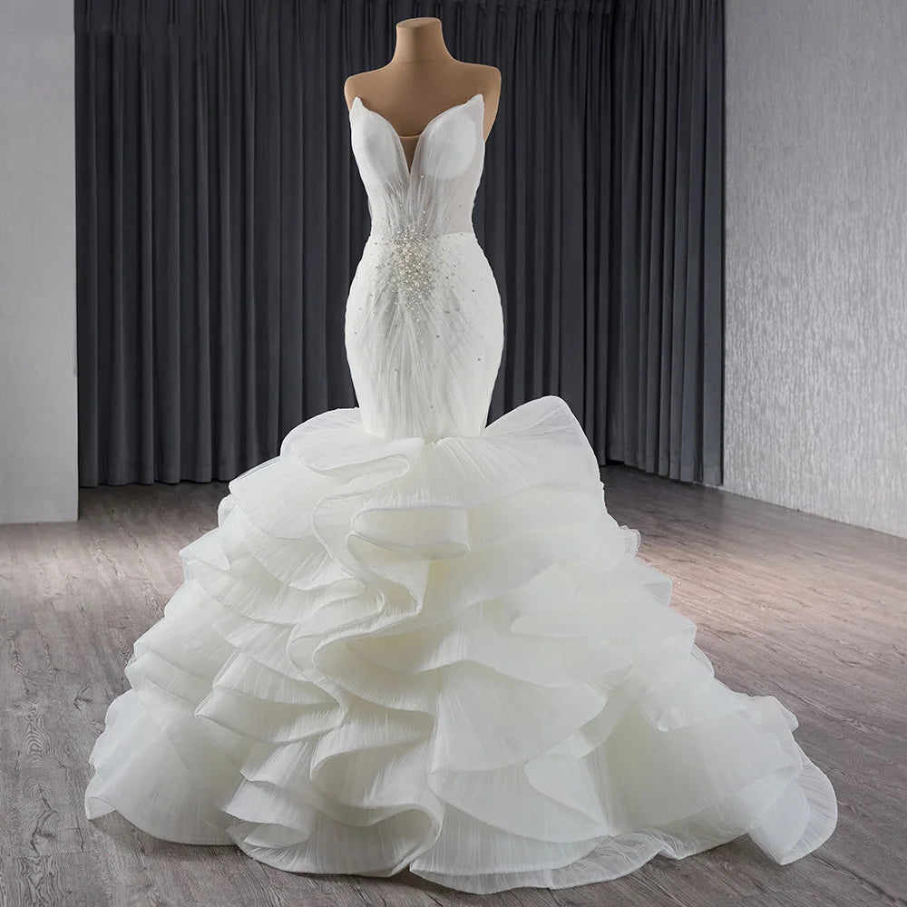 Elegant Mermaid Wedding Dresses Off Shoulder V-Neck Puffy Train Bridal Gowns - Image 2