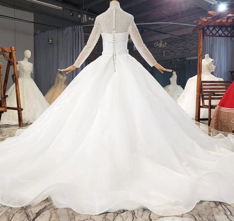 High Neck Long Sleeve Luxury Beading Crystal Wedding Dress - Image 5