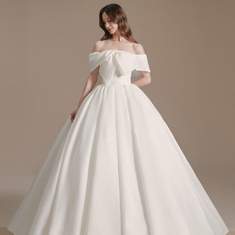 Princess Boat Neck Off Shoulder Satin Bridal Ball Gown Wedding Dress - Image 2