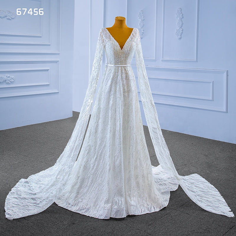 2022 New Wedding Dresses Bridal Dresses Long Sleeves Lace Deep V Neck Light Yarn Women Dresses