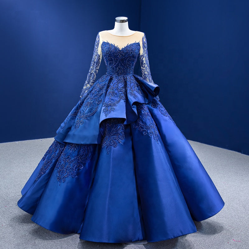 Vintage Blue Long Sleeve Bridal Gown Evening Dress