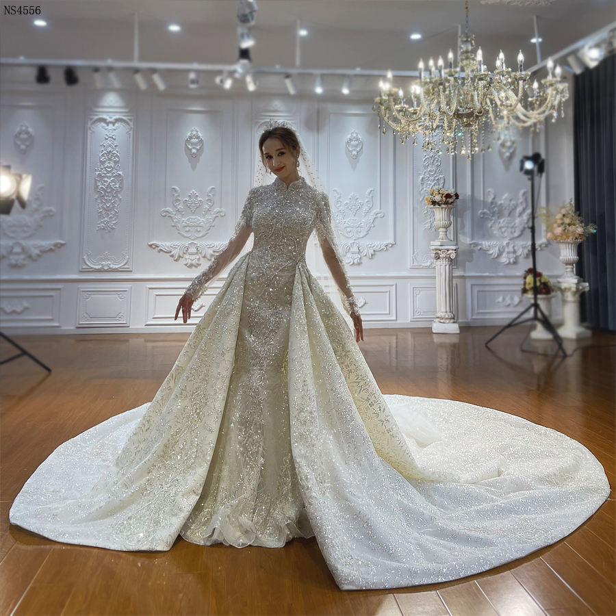 High Quality Stand Collar Slim Removable Custom Trailing Wedding Dress Maxi Dresses