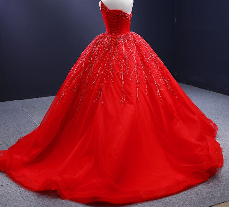 Sequins One Shoulder Lace Ball Gown Evening Party Dresses - Image 5