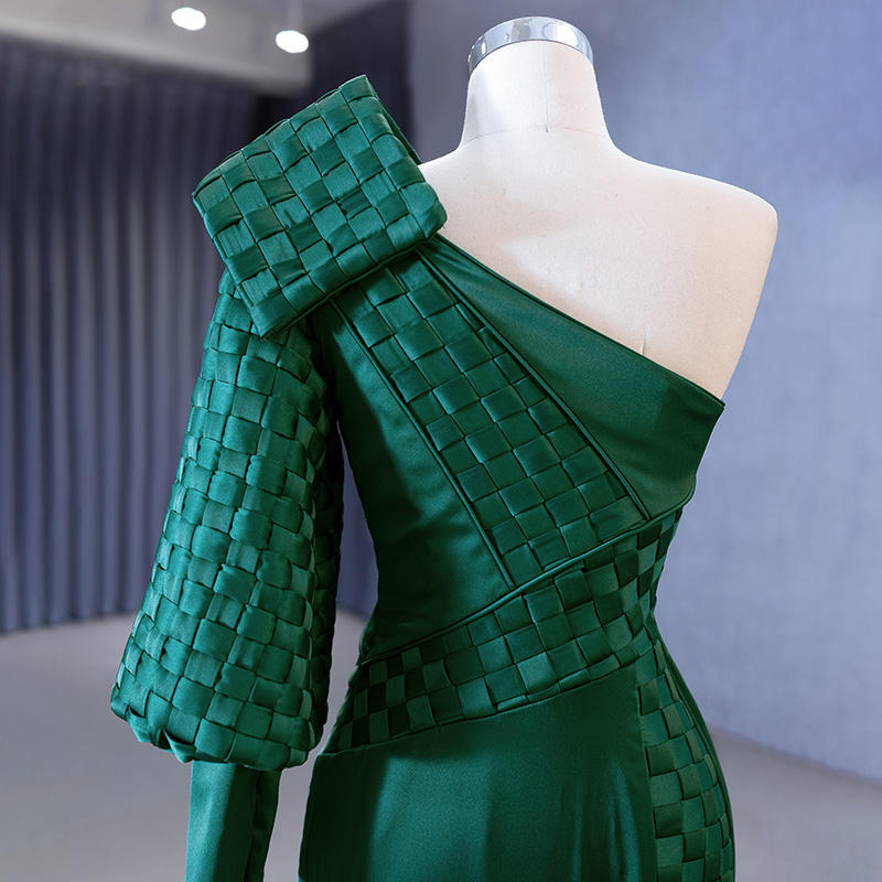 One Shoulder Evening Dress Vintage Green Woven Satin Mermaid Evening Dress - Image 5