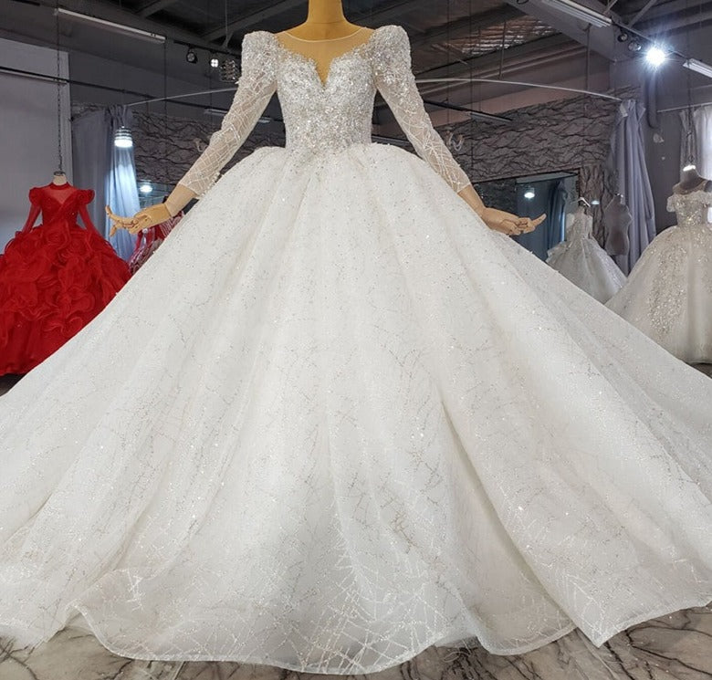 Modest Long Sleeve A Line Wedding Dress Bridal Dress Jewelry Lace Applique Sequins Plus Sequin Lace Tulip