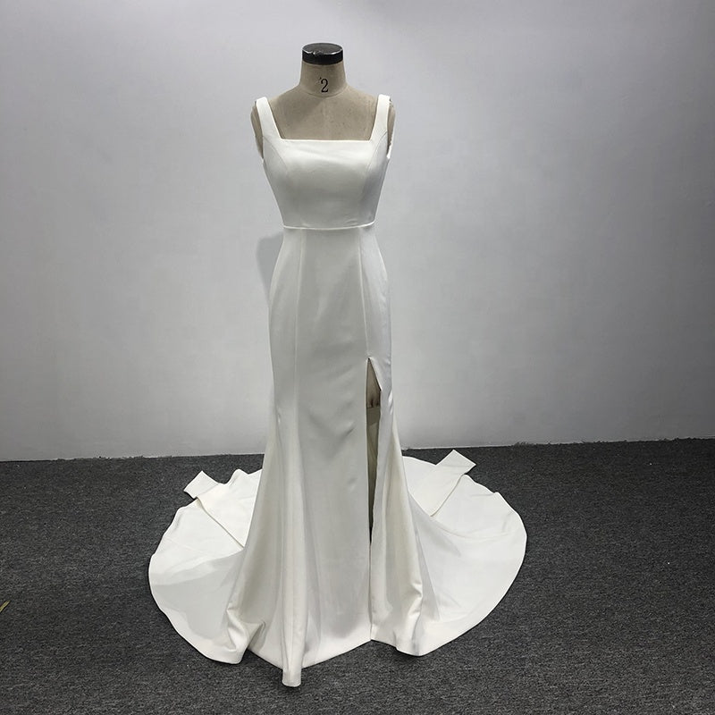 2022 Simple Wedding Mermaid White Satin Slim Fit Elegant Bridal Dress