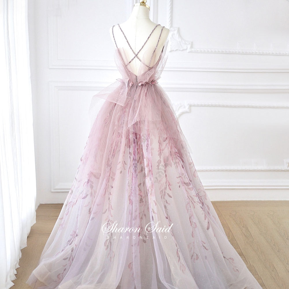 Floral Tulle Long Evening Dress Spaghetti Straps Backless Formal Prom Dresses for Wedding Party - Image 7