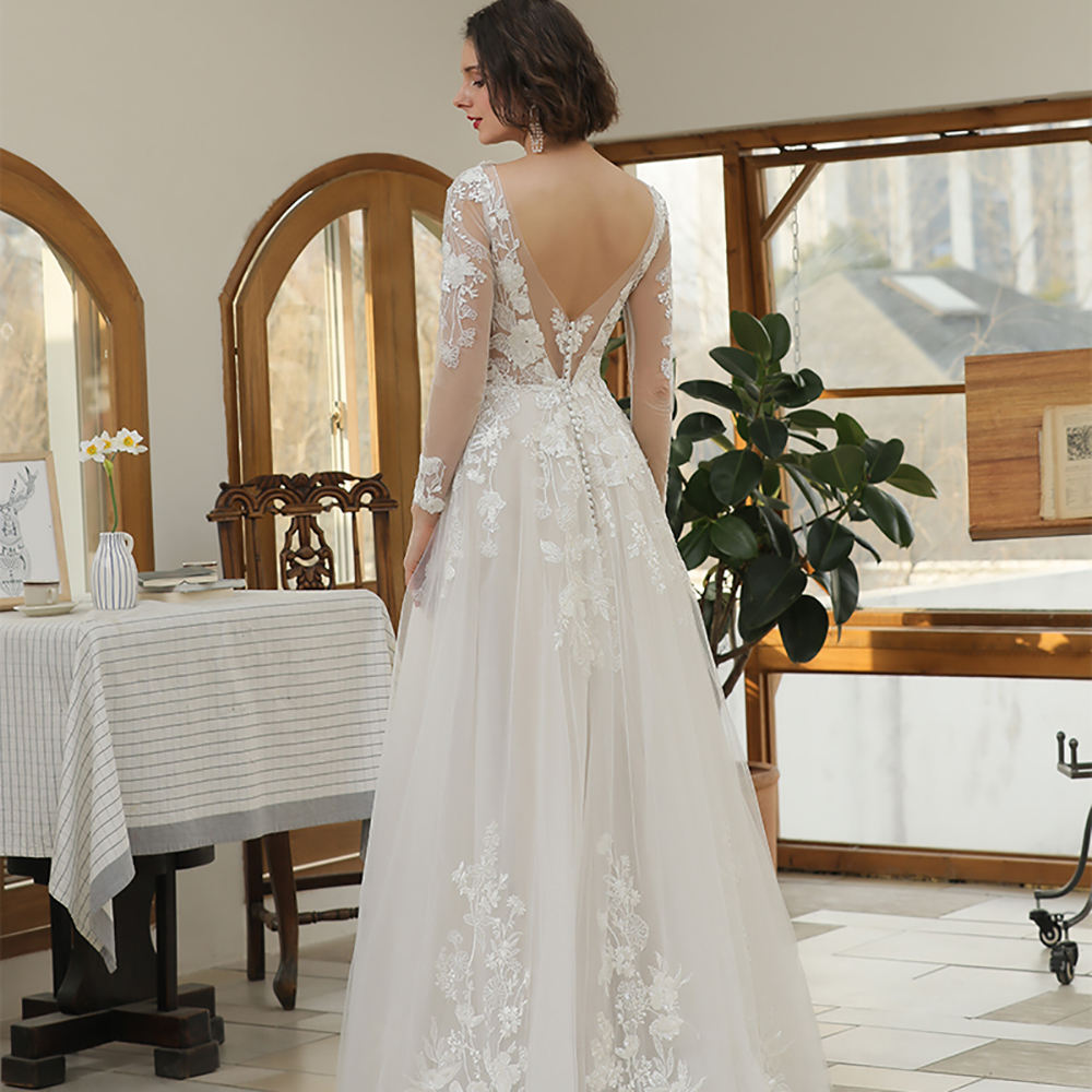 Modern V-neck Long Sleeve Floral Print Long Gowns For Women's Wedding - Image 5