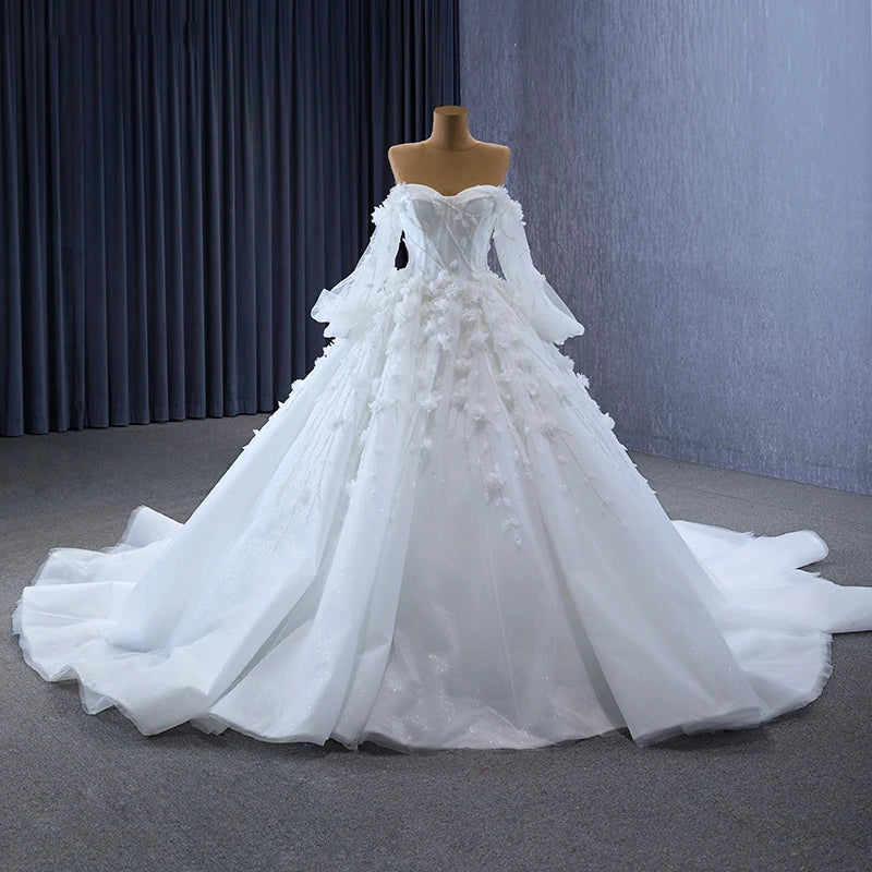 Sexy Lace Puff Sleeve Sweetheart Bridal Dress Elegant 3D Flowers Detachable Long Sleeves Wedding Ball Gowns