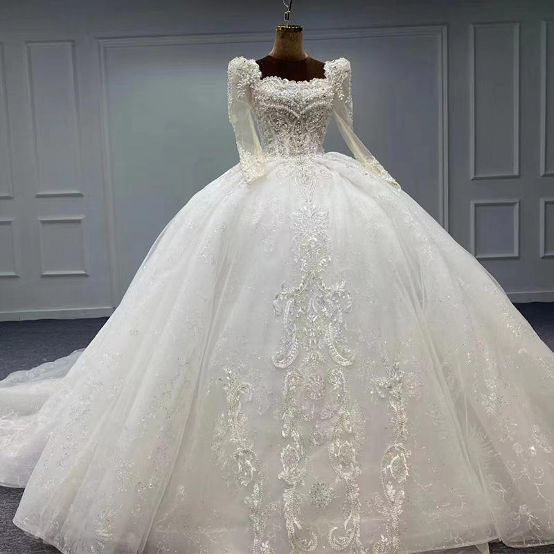 Square Neck Beaded Sequin Long Sleeve Wedding Dress - Image 5