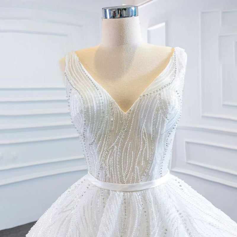 Deep V Neck Sleeveless Lace Princess Wedding Dress Bridal Gown - Image 5