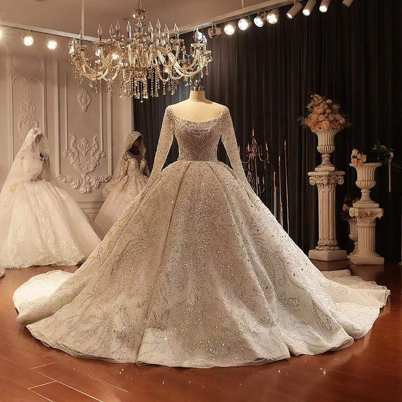 Elegant Bridal Wedding Dress Long Sleeve Square Neck Beaded Sequin Long Tail Wedding Dress For Women
