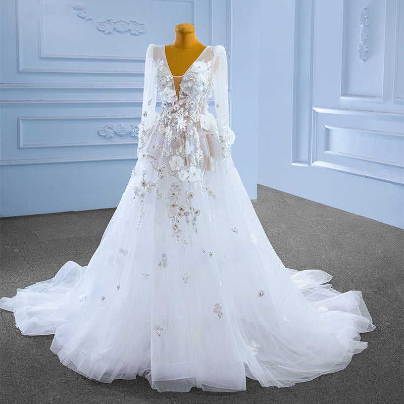 Elegant Lace A Line Ball Gown Girl Party Bridal Long Sleeve Maxi Wedding Dress