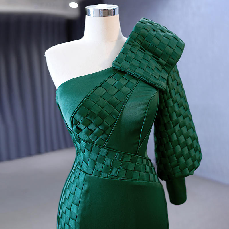 One Shoulder Evening Dress Vintage Green Woven Satin Mermaid Evening Dress - Image 4