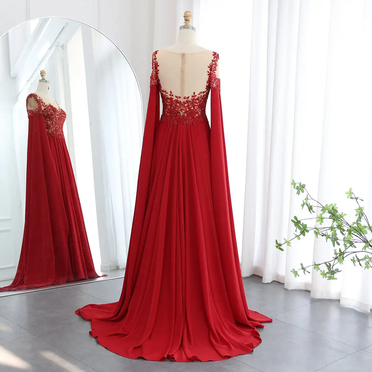 Luxury Beaded Wine Red Chiffon Evening Dress with Cape Sleeve Women for Wedding Dubai Formal Party Gowns - Image 7