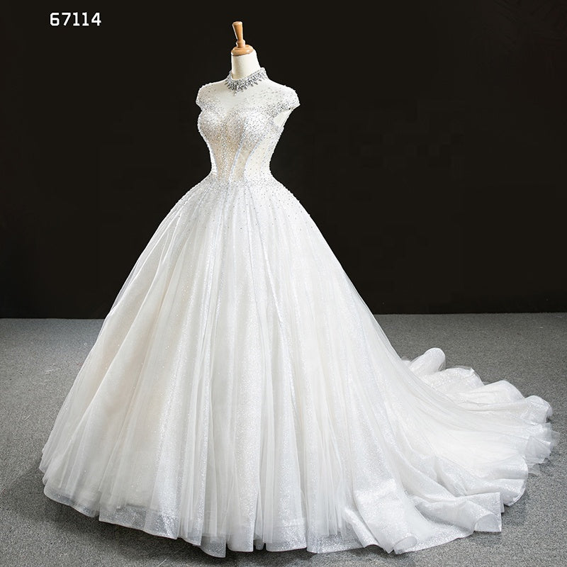High Neck Beach Heavy Beaded Luxury See Though Wedding Gown