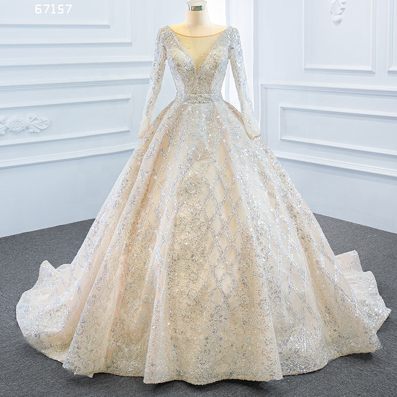 Champagne Heavy Beading Long Sleeve Luxuryball Gown Wedding Dress
