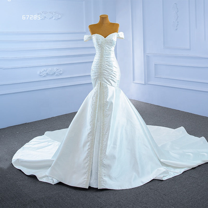 One-Shoulder Tube Top Pearl Satin Elegant Mermaid Bride Wedding Dress