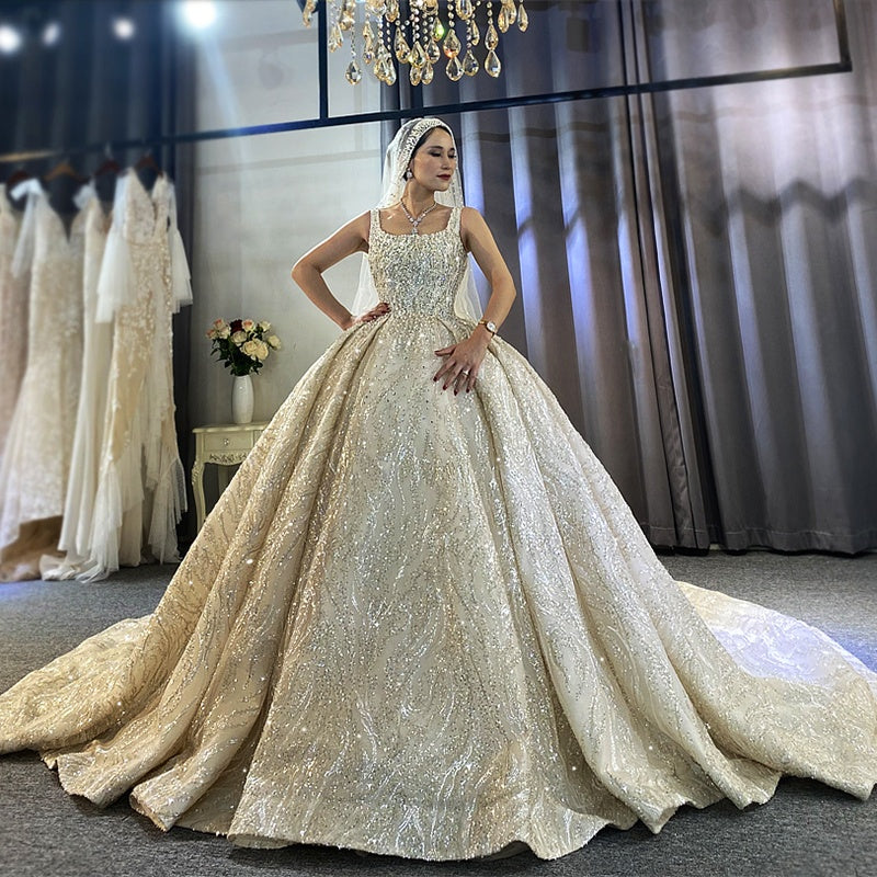 New Bridal Dress Luxury Sleeveless Square Neck Sequin Gold Bar Ladies Wedding Dress