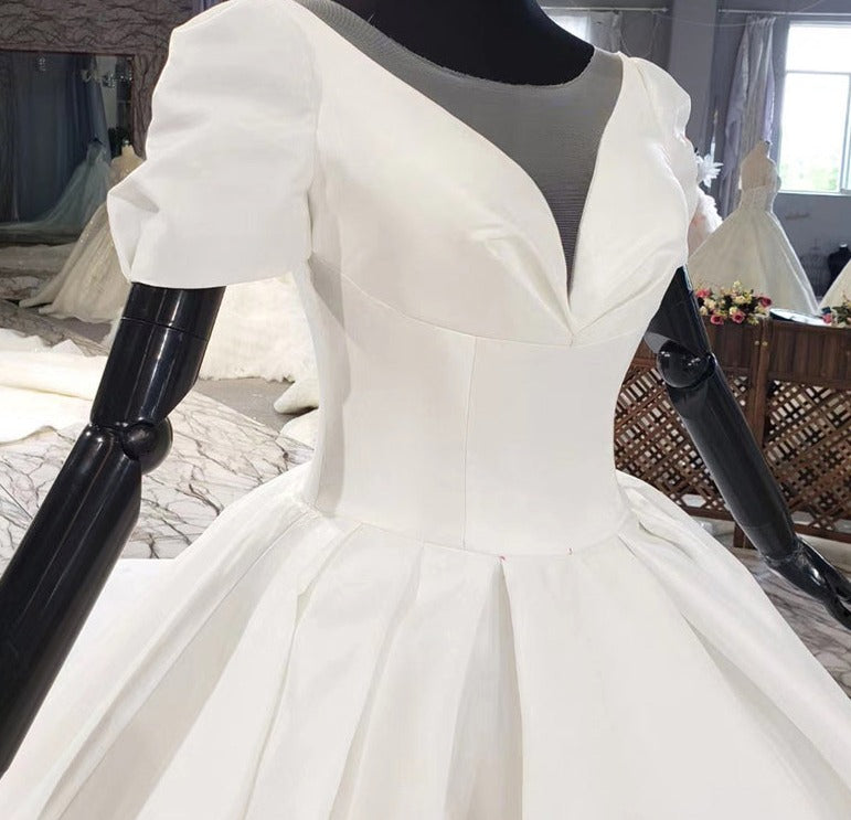 V Neek Satin White Long Train Wedding Dress Ball Gown - Image 7